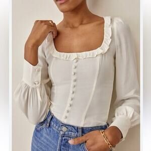 Reformation Cream Button Front Ruffle Square Neck Blouse Size 4